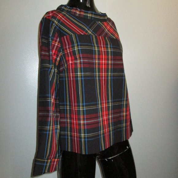J.Crew 100% cotton deep red tartan plaid rhinestone button shoulder tunic - Picture 3 of 9